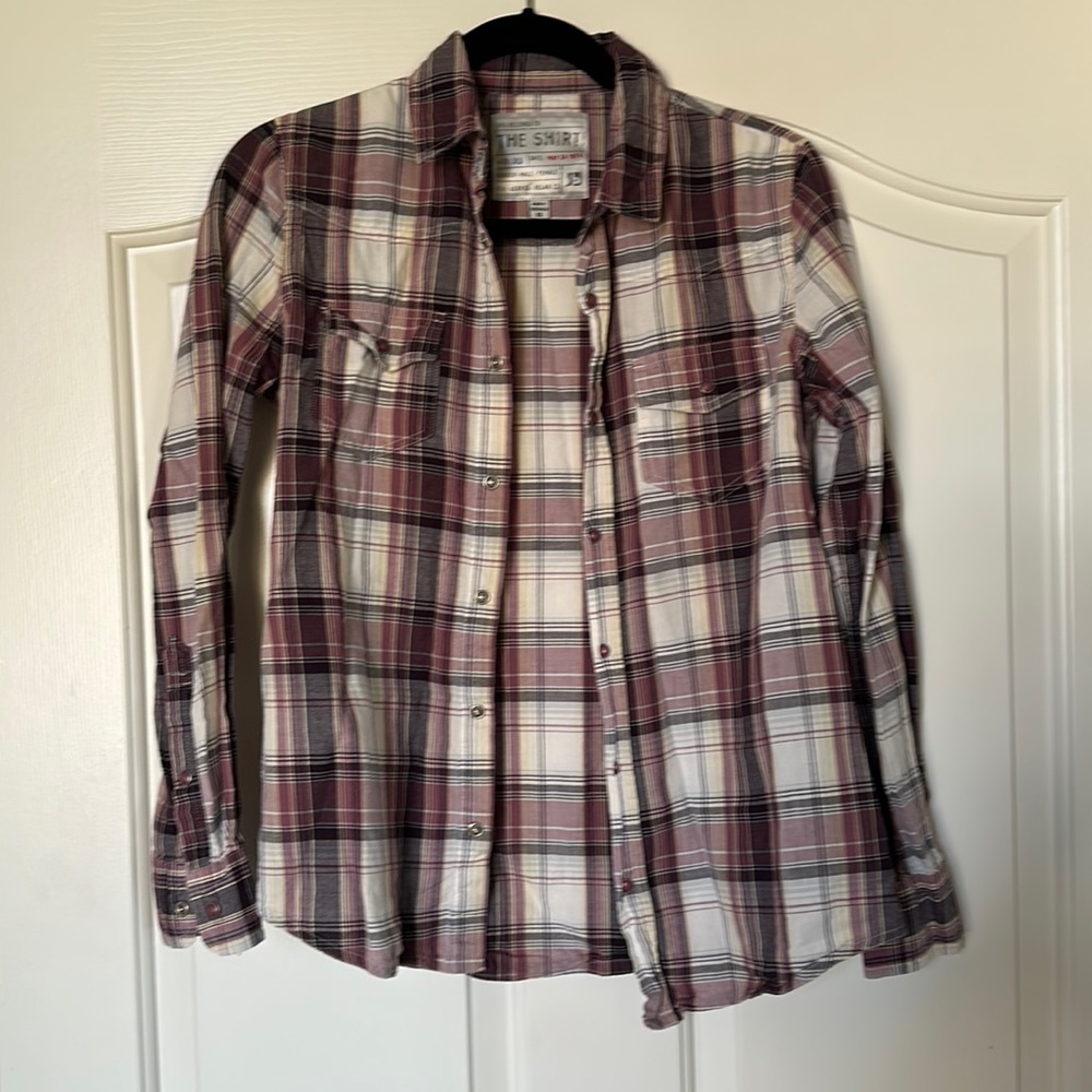 Pink plaid snap long sleeve button down
